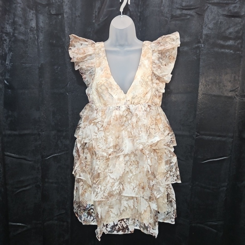 Storia Babydoll Dress Sz Lg Floral Ruffle Sleeve V-Neck Mini Fairy Whimsical